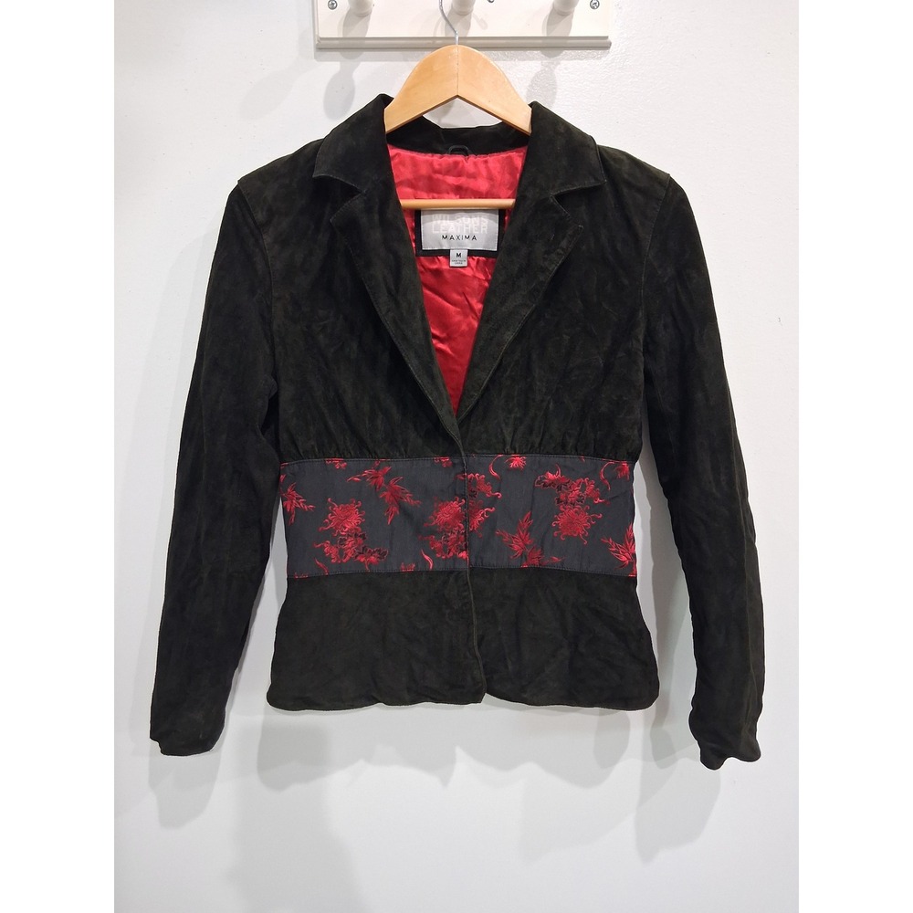 Wilsons Leather Maxima Y2K Black Suede Jacket Red Floral Embroidered Waist M
